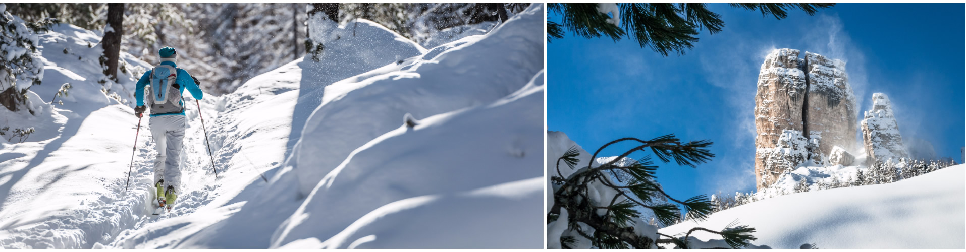 Vento, neve e cielo azzurro in Cinque Torri. Nel bosco salendo in Cinque Torri. (ph. Giuseppe Ghedina)